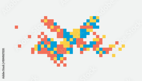 Vibrant pixelated abstract pattern features a dynamic splash of red, blue, and yellow squares, creating a modern digital art illustration