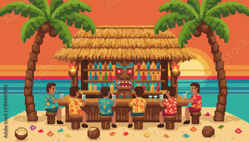 Vibrant pixel art tiki bar with a thatched roof and a large tiki mask, where people enjoy colorful drinks on a tropical beach at sunset
