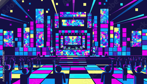 Vibrant pixel art concert stage with a DJ booth and dancing crowd creates an energetic retro-futuristic atmosphere under glowing neon lights