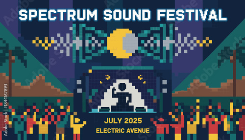 Vibrant pixel art music festival poster depicts a lively outdoor concert scene with a DJ on stage, a cheering crowd, and tropical elements under a stylized sound wave graphic
