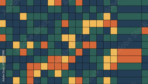 Colorful abstract geometric grid pattern of squares features a vibrant array of dark blue, green, orange, and yellow hues arranged in a dynamic, modern design