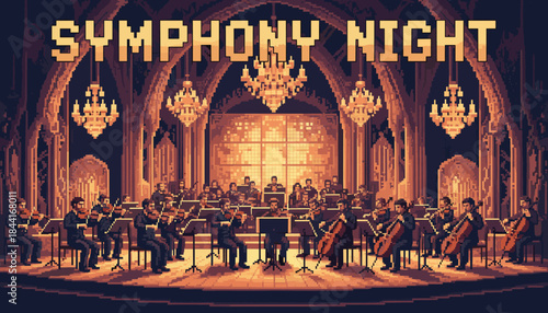 Vibrant pixel art symphony orchestra performs a classical concert on a grand stage, illuminated by warm light from elegant chandeliers, creating a nostalgic retro gaming atmosphere