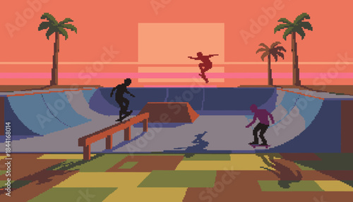 Three pixel art skateboarders perform dynamic tricks in a vibrant skatepark at sunset, showcasing retro 8-bit graphics and active urban sports culture