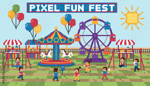 Vibrant pixel art amusement park scene depicts children playing near a colorful carousel, a large Ferris wheel, and festive stalls under a bright pixelated sun