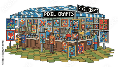 Vibrant pixel art craft market stall is bustling with customers browsing unique pixelated artworks, featuring abstract designs and animal motifs, under a striped awning