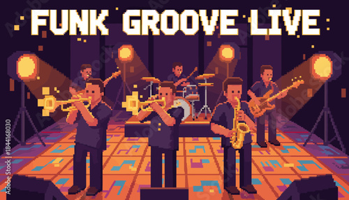 Energetic pixel art band performs live on a vibrant stage with musical note patterns, illuminated by bright spotlights, creating a lively retro music concert atmosphere