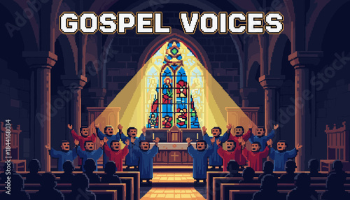 Vibrant pixel art gospel choir joyfully sings with raised hands inside a majestic church, bathed in warm light from a beautiful stained-glass window