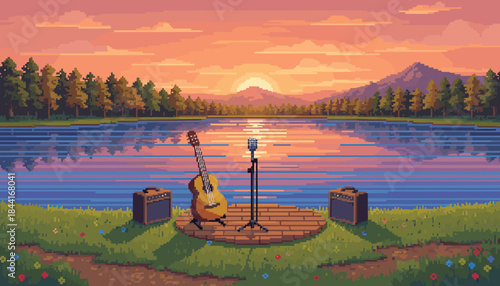 Pixel art acoustic guitar, microphone, and amplifiers are arranged on a small wooden stage by a tranquil lake, reflecting the warm sunset over distant mountains,nostalgic musical scene