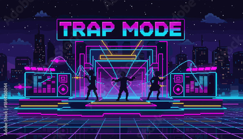 Three pixelated silhouetted dancers perform on a vibrant neon stage under a starry sky, surrounded by glowing speakers and a 'TRAP MODE' sign in a retro cityscape