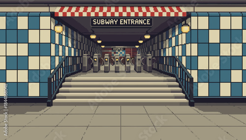 Detailed pixel art subway entrance features a row of turnstiles, a wide staircase, and checkered blue and cream tiled walls under a striped awning, illuminated by warm lamps