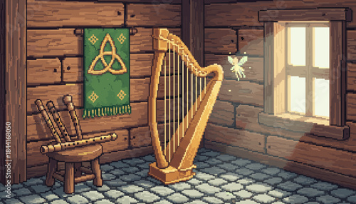 Golden wooden Celtic harp and flutes are arranged in a cozy, rustic room with a green banner, illuminated by warm sunlight from a window where a magical fairy hovers