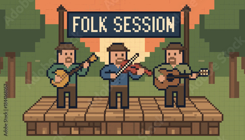 Three pixel art musicians perform folk music on a rustic wooden stage under a "Folk Session" banner, depicted in a charming retro 8-bit style with warm lighting