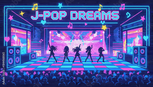 Five dancing female pixel art silhouettes perform on a vibrant neon stage under a glowing 'J-POP DREAMS' sign, captivating a large audience in a retro 8-bit concert