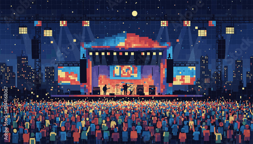 Vibrant pixel art outdoor music concert features a band performing on a brightly lit stage before a massive, enthusiastic crowd under a starry night sky