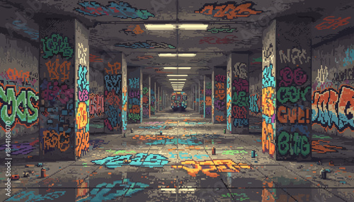 Long dark pixel art underground tunnel is extensively covered in vibrant graffiti, with wet floors reflecting the colorful street art and distant subway car under dim fluorescent lights