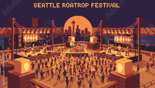Vibrant pixel art music festival scene unfolds at night, featuring a large dancing crowd, multiple stages with bands, and a stylized city skyline under a warm glowing sun