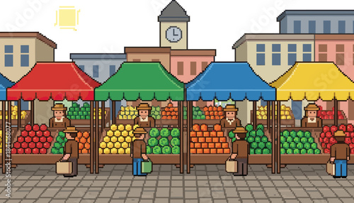 Vibrant pixel art outdoor market stalls display colorful produce under bright sunlight, with vendors and customers bustling along the street in a charming retro 8-bit style
