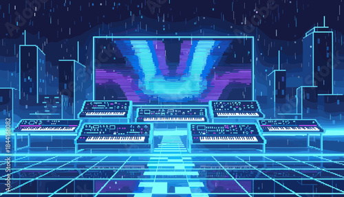 Multiple pixel art electronic synthesizers are arranged on a glowing stage in a vibrant retro-futuristic cityscape, illuminated by neon blue and purple lights, creating an energetic musical atmosphere