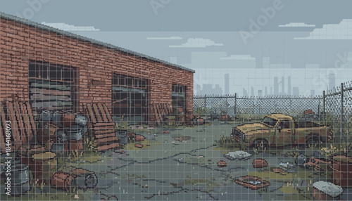 Old abandoned brick warehouse stands in a desolate, overgrown yard with a rusty pickup truck, barrels, and debris under an overcast sky, rendered in a nostalgic pixel art style