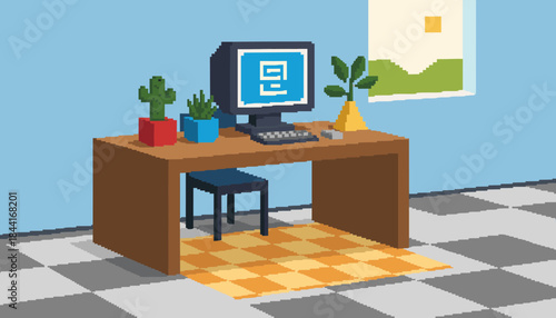 Vibrant pixel art retro computer setup sits on a wooden desk in a cozy room, featuring potted plants, a keyboard, mouse, and a stool, all rendered in a charming 8-bit style