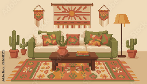 Detailed pixel art living room illustration showcases a green sofa, coffee table, potted cacti, floor lamp, and patterned rug, adorned with decorative wall hangings in a charming retro digital style