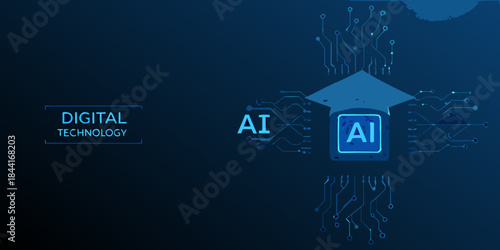Artificial intelligence and digital technology concept with futuristic circuit board graphics