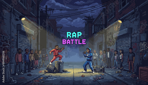 Two pixel art rappers engage in an intense rap battle under streetlights in a gritty urban alleyway at night, watched by an excited crowd, with the prominent text 'RAP BATTLE' displayed