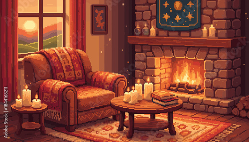 Cozy pixel art living room interior features a warm fireplace, comfortable armchair, and glowing candles, creating a nostalgic and inviting atmosphere with soft ambient light