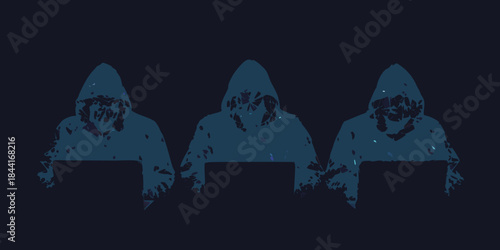 Three hooded figures working on laptops in a dark digital setting