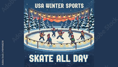 Vibrant pixel art illustration depicts happy people ice skating on an outdoor rink surrounded by snowy trees under festive string lights at dusk