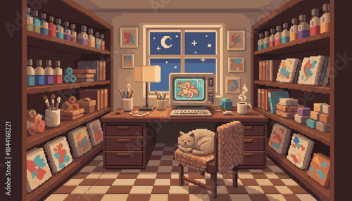 Cozy pixel art artist's studio room at night features a desk with a computer, lamp, and art supplies, a sleeping cat on a chair, and bookshelves filled with colorful paintings