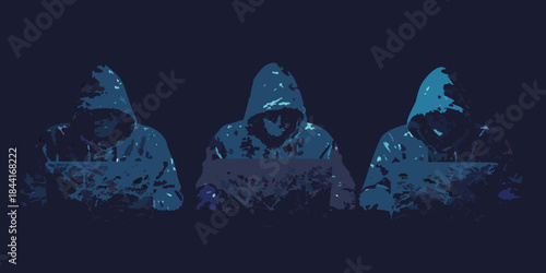Three hooded figures working on laptops in a dark digital environment