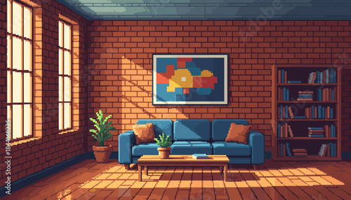 Cozy pixel art living room with a blue sofa, wooden coffee table, and potted plants, bathed in warm sunlight from a large window, illuminating the brick wall and evoking a tranquil, nostalgic mood