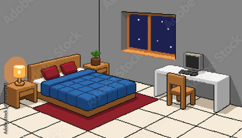 Cozy pixel art bedroom interior at night features a bed with blue bedding, a glowing lamp on a nightstand, a desk with a computer, and a window revealing a starry sky, rendered charming retro style