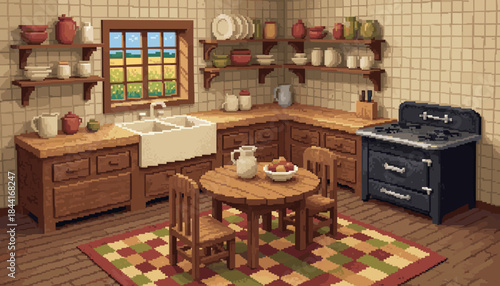 Charming pixel art rustic kitchen interior features wooden furniture, a farmhouse sink, a vintage stove, and shelves filled with pottery, all bathed in warm, soft light