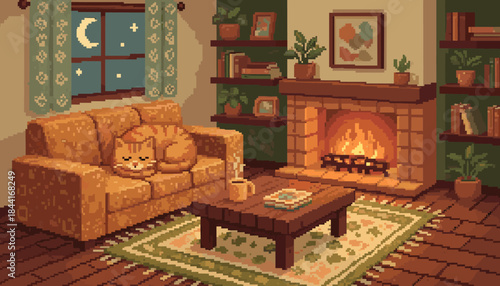 Cozy pixel art living room interior features a sleeping orange cat on a comfortable sofa, a crackling fireplace, and a warm, inviting atmosphere at night, rendered in a charming retro style