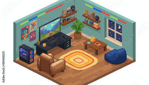 Vibrant pixel art isometric gamer room at night, featuring a glowing computer setup, cozy armchair, bean bag, shelves with collectibles, and a window revealing a starry sky