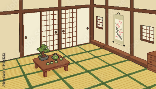 Traditional Japanese pixel art room features tatami mats, shoji screens, and a low wooden table with a bonsai tree and tea set, creating a serene and nostalgic atmosphere