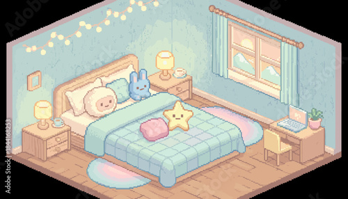 Charming isometric pixel art bedroom features a cozy bed with cute plush pillows, nightstands, a desk, and a window overlooking a serene mountain sunset, rendered in soft pastel colors
