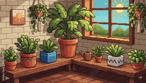 Vibrant pixel art indoor plant collection thrives on wooden shelves, illuminated by warm sunlight streaming through a window revealing a bright outdoor landscape