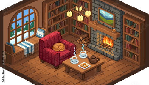 Cozy pixel art living room features a warm fireplace, a sleeping cat on a red armchair, bookshelves, and a window overlooking a snowy winter landscape, creating an inviting, nostalgic atmosphere