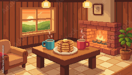 Cozy pixel art room interior features a table laden with pancakes and steaming mugs, bathed in warm light from a crackling fireplace and a sunset window view
