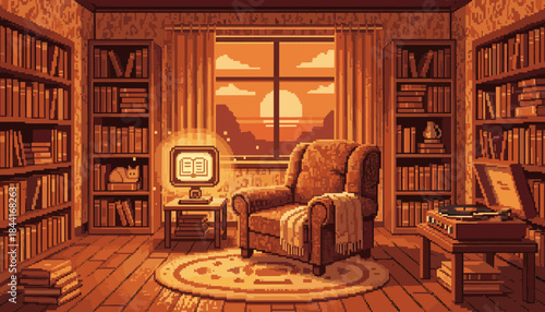 This cozy pixel art library room features an inviting armchair, extensive bookshelves, a glowing monitor, and a record player, bathed in the warm, serene light of a sunset through the window