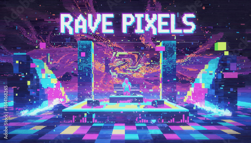 Vibrant pixel art rave scene features a DJ on a glowing stage, surrounded by abstract geometric shapes and bright neon colors, evoking a retro-futuristic digital party atmosphere