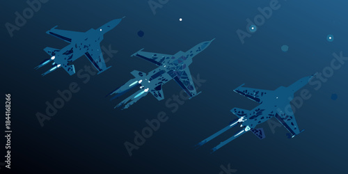 Three fighter jets in flight against a dark stylized blue background