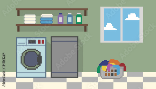 Charming pixel art laundry room features a washing machine, dryer, shelves with towels and detergent, a window, and a basket of colorful clothes, depicting a clean domestic scene
