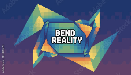 Vibrant pixelated geometric abstract shape with "BEND REALITY" text at its center, showcasing a dynamic, swirling composition of blue, green, yellow, and orange polygons in a retro 8-bit style