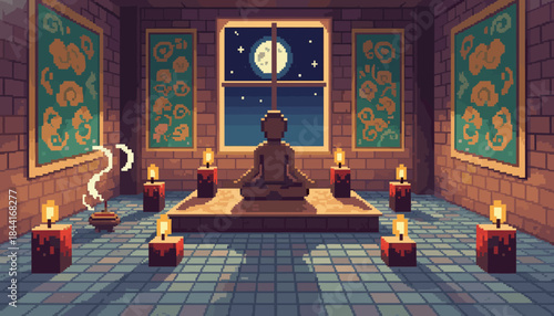 Pixel art meditative room with a person in a lotus pose, surrounded by glowing candles and incense, gazing at a full moon through a window at night, rendered in a retro 8-bit style