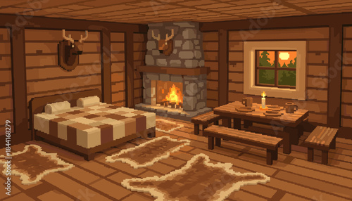 Cozy pixel art rustic cabin interior features a warm fireplace, comfortable bed, and dining table, all illuminated by a window showing a sunset over a forest