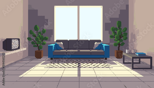 Cozy pixel art living room interior with a blue sofa, two potted plants, and an old television, bathed in bright sunlight from a large window, creating a nostalgic retro vibe